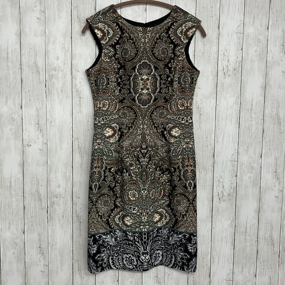 Sandra Darren Brown Black Paisley Medallion Shift Dress 8 Mod Dark Academia Boho